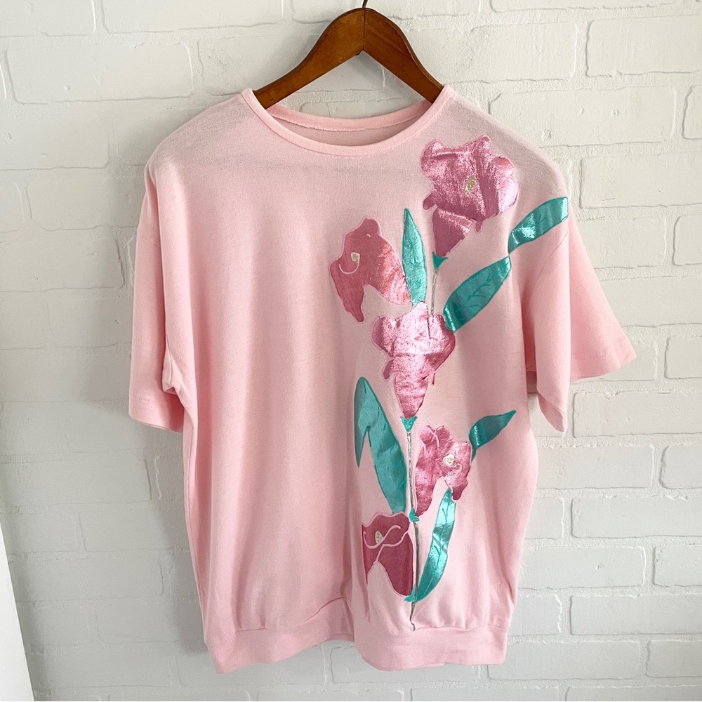 80s Artwear Graphic Appliqué Tee Iridescent Floral One Stitch Handmade Sz M - Picture 2 of 13